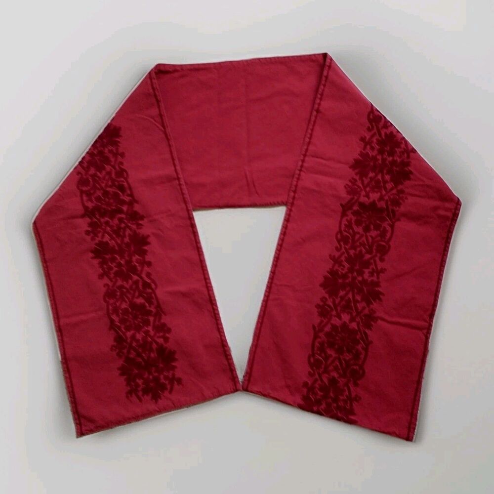 Williams Sonoma Table Runner Red Embroidered Soutache Cotton 15x82"